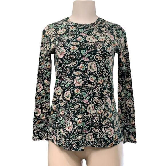J. Jill Dark Green Floral Long Sleeve Pima Cotton Layer Tee Size XSmall Petite - Picture 1 of 8